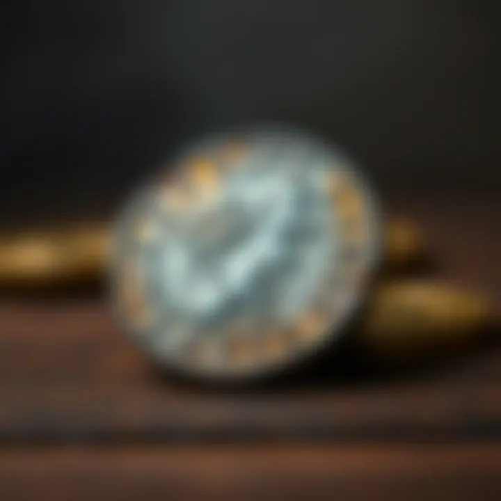 A close-up of an Antoninianus coin showing its detailed design and markings. The coin is placed on a wooden surface, highlighting its historical value.