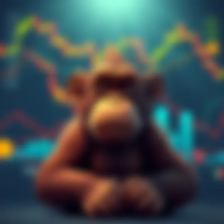 A cartoon ape with a puzzled expression, sitting in front of stock charts showing declining yield stocks and Bitcoin prices.