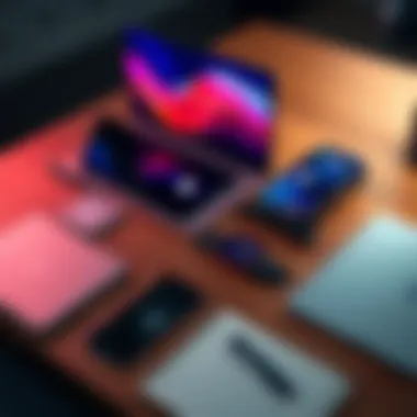 Apple products on a table A collection of Apple devices including a laptop, smartphone, and smartwatch on a wooden table, with a notepad and pen beside them.