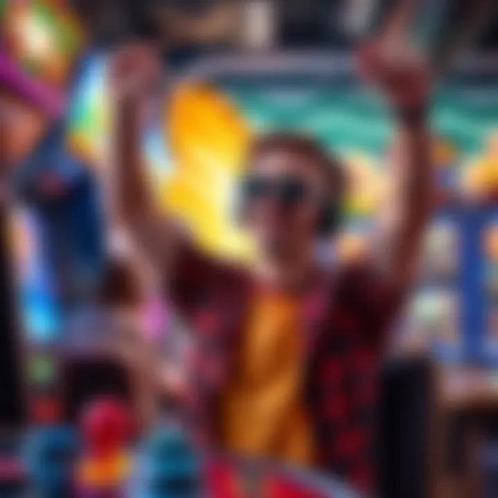 A joyful gamer celebrating after getting 2500 AB from an $8 purchase in an arcade game.