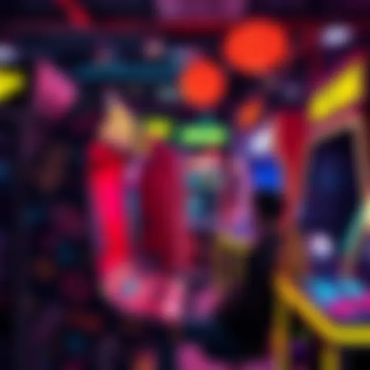A colorful arcade cabinet with a player gaming and earning bucks, surrounded by a lively arcade environment.