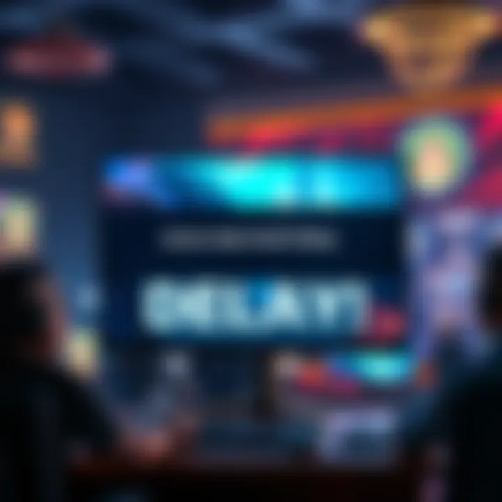 A computer screen showing a message about the delay of the Arena Cube Draft release, with a background of players discussing strategies.