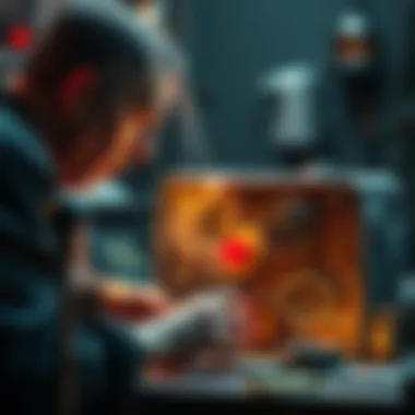 Artist transforming old Helios machine An artist dismantles an old Helios machine and arranges its parts into a colorful abstract art piece
