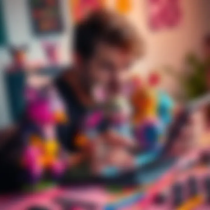 An artist designing colorful and playful NFT characters called Munnies, showcasing different styles and expressions on a digital tablet