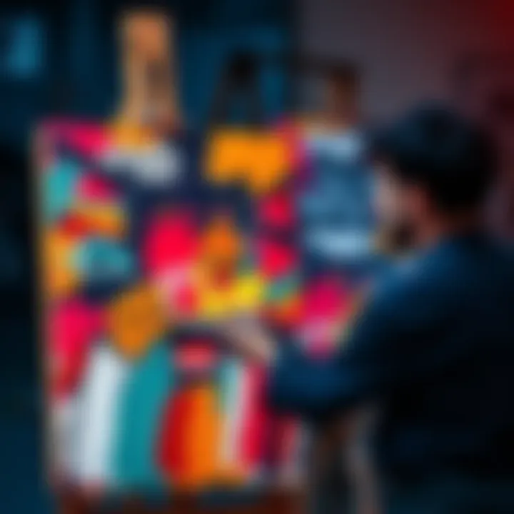 An artist passionately painting on a canvas, using bold strokes and vibrant colors to convey intense emotions of anger