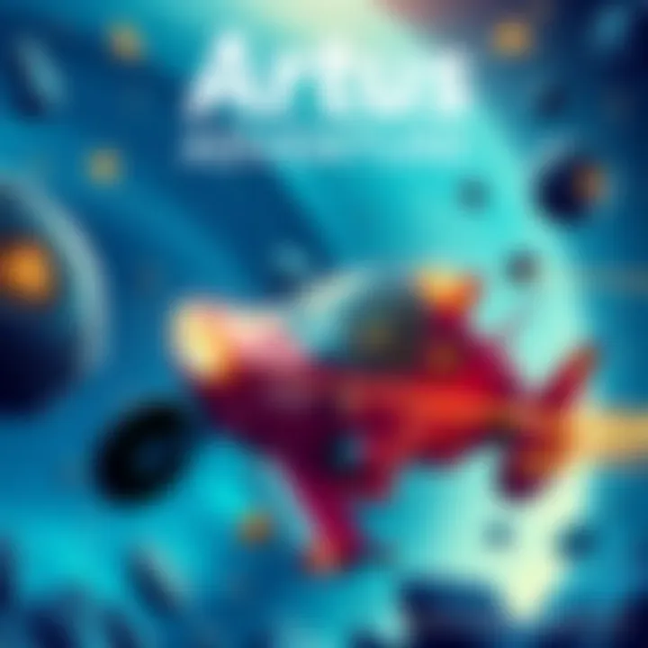 A futuristic graphic illustrating the unpredictable world of cryptocurrency investment with a focus on Artus and its vibrant community.