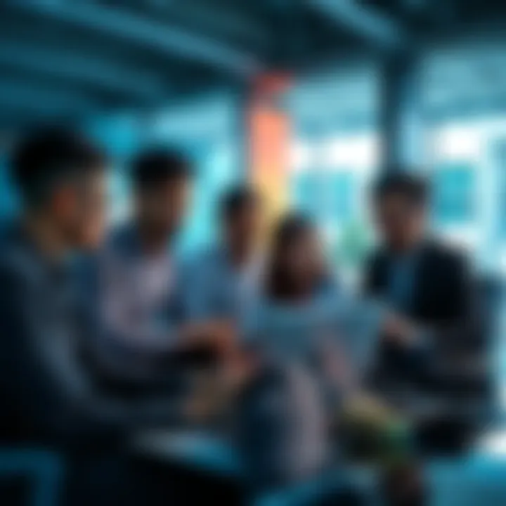 Asian crypto traders collaborating A group of Asian traders discussing strategies over laptops in a modern office setting
