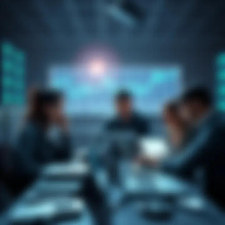 A group of people discussing ASIC miner hosting platforms with laptops and charts.