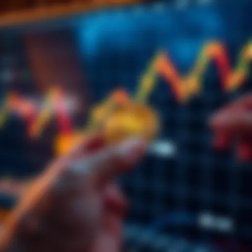 A person holding a coin in front of a fluctuating stock market chart, symbolizing investment stability.