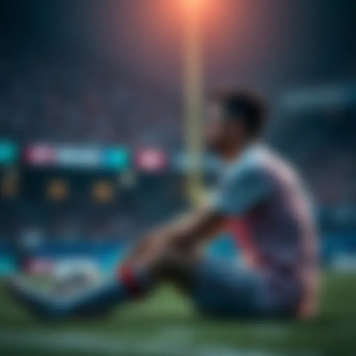 An athlete sitting on the field, deep in thought after a challenging game, showing the emotional impact of competition