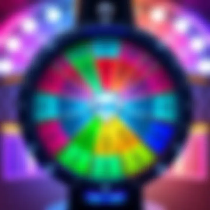 A colorful wheel representing the Atlas Earth Diamond Wheel game, showing various sections labeled for different prizes, with a shiny diamond in the center.