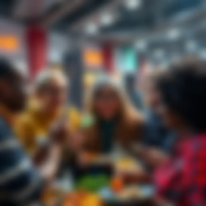 A diverse group of people discussing their purchases made with earnings from Atlas Earth, showing items like phone cables and meals.