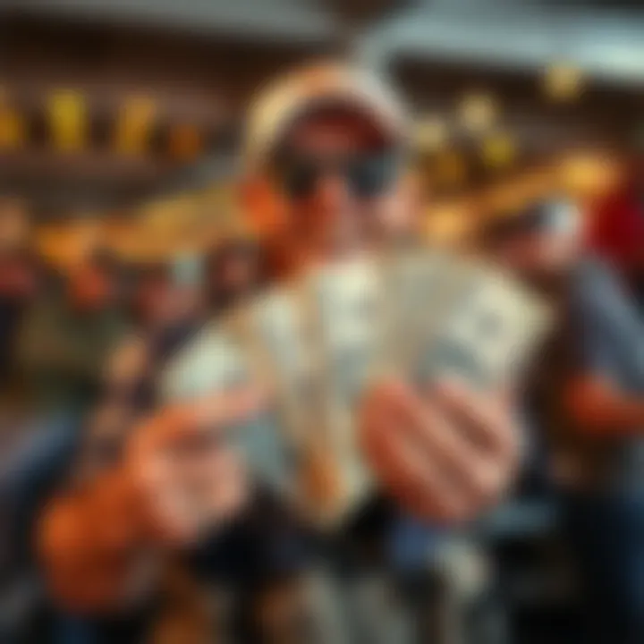 A happy person showing off a handful of Atlas bucks at the fishing event