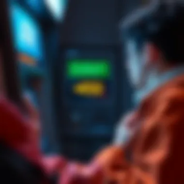 A frustrated customer looking at an ATM screen showing a successful withdrawal but no cash received.