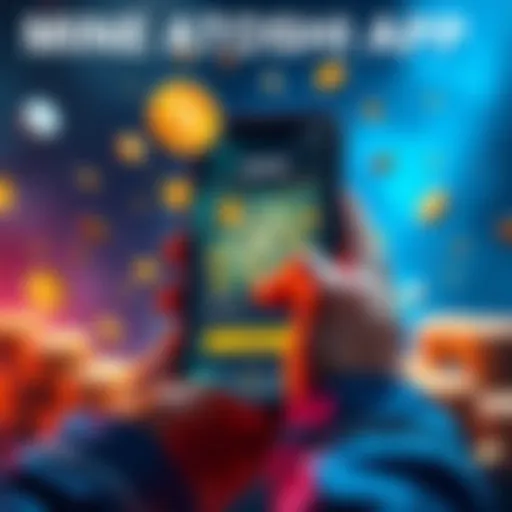 A person using the Atoshi app on a smartphone, with graphics of coins and rewards visible on the screen, surrounded by symbols of cryptocurrency and excitement.