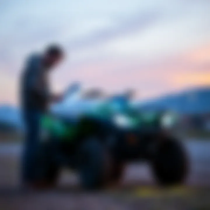 ATV sellers reviewing reports A person examines CARFAX and InstantInspect reports while standing next to an ATV, illustrating the importance of checking for scams in sales.