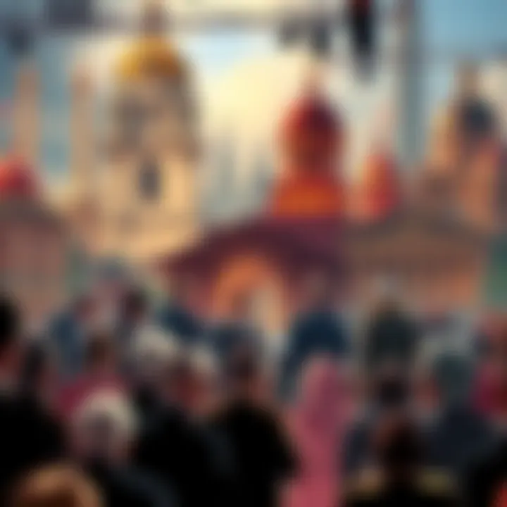 A lively auction scene showing people bidding on historic landmarks, with a backdrop of famous structures being showcased.