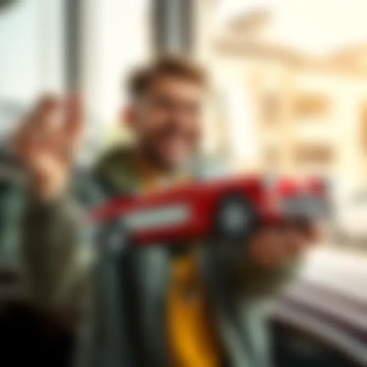 A person smiles while holding a model of a classic car, excited about winning their dream car at auction and considering shipping options.