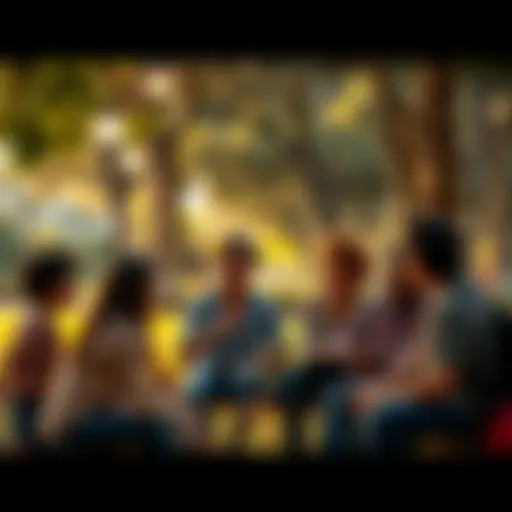 A diverse group of Australians engaged in conversation at a park, showcasing different cultural backgrounds and interactions, reflecting the unique meaning of 'everyone' in Australia.