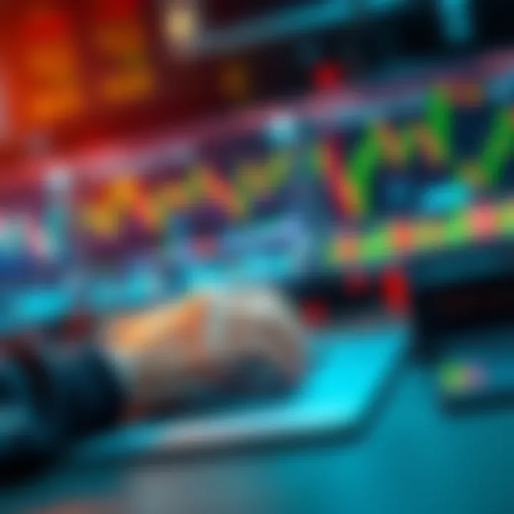 A person typing a trading strategy on a computer, with charts and graphs in the background indicating automated trading processes.