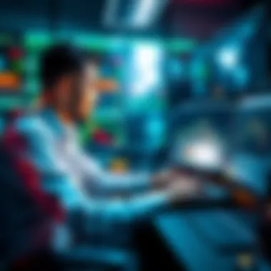 Automated Trading Strategies A trader using a computer with graphs and charts showing automated trading strategies for consistent profits