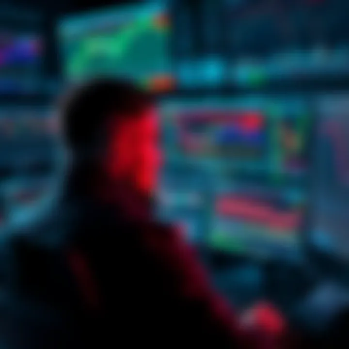 A trader monitors automated trading systems on multiple screens, showing charts and data analysis.