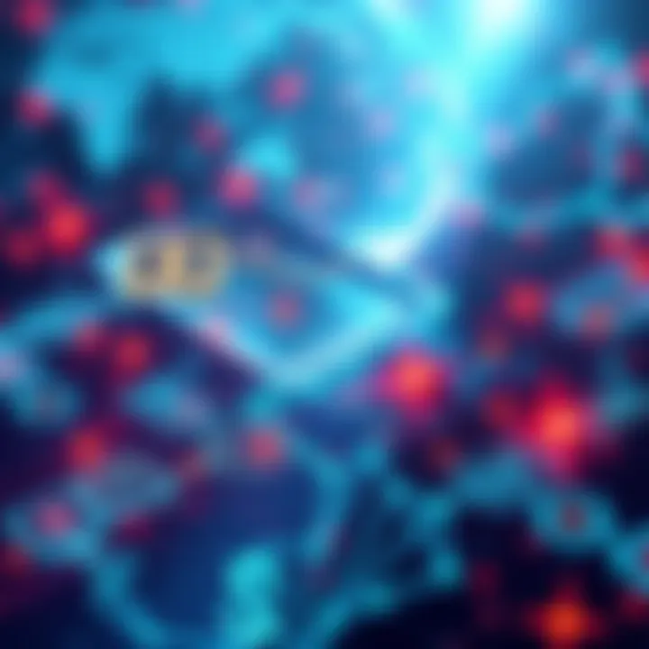 A digital representation of Avalanche technology impacting global finance, featuring blockchain connections and currency symbols.