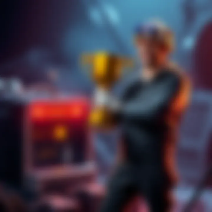 A proud miner holding a trophy next to an Avalon Mini mining setup after hitting a solo block.