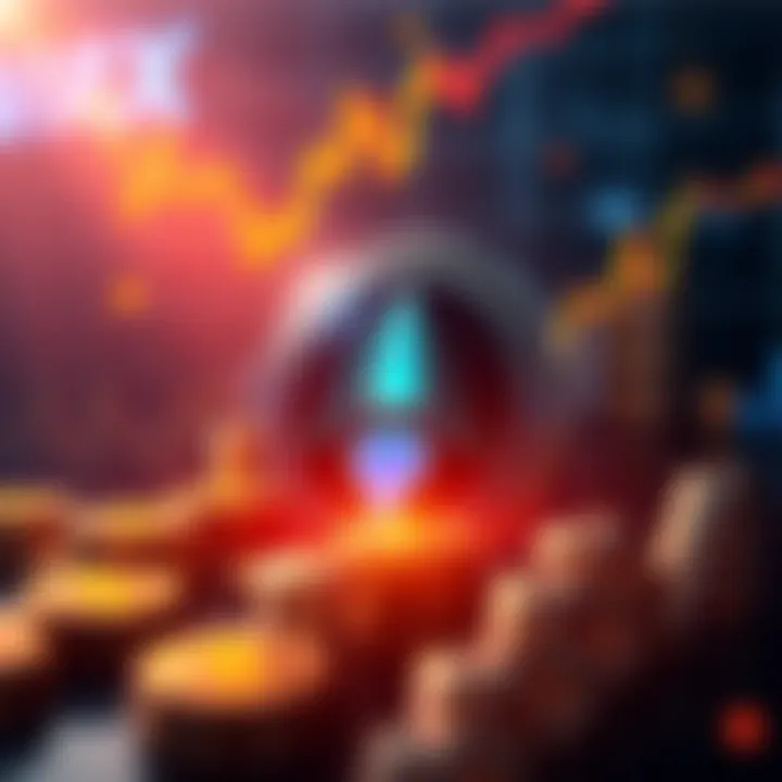 Visual representation of AVAX cryptocurrency with a fluctuating price chart and dollar signs, symbolizing investment tension.