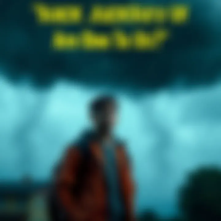 Individual standing outside, looking frustrated as rain falls directly overhead from a dark cloud