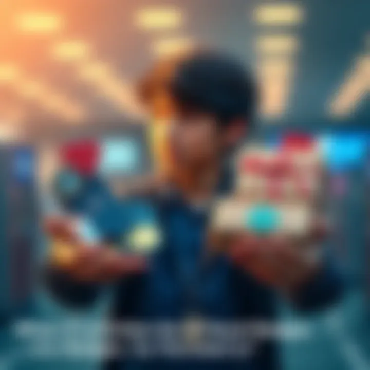 A person holding badges in one hand and parcels in the other, looking thoughtfully at both options