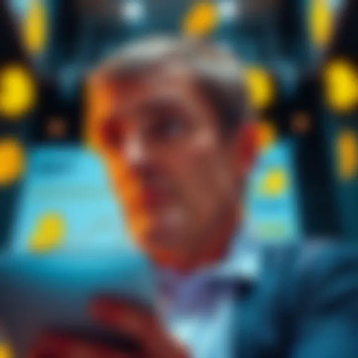 A frustrated design agency owner looks at a bank account statement filled with crypto symbols, symbolizing issues with compliance checks on payments from international clients.