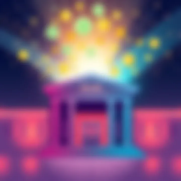 Illustration of a bank building with digital currency symbols emerging from it