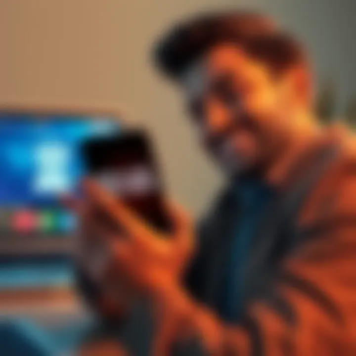 A person looking relieved after receiving a fraud alert on their phone, with a bank logo visible on a laptop screen in the background.