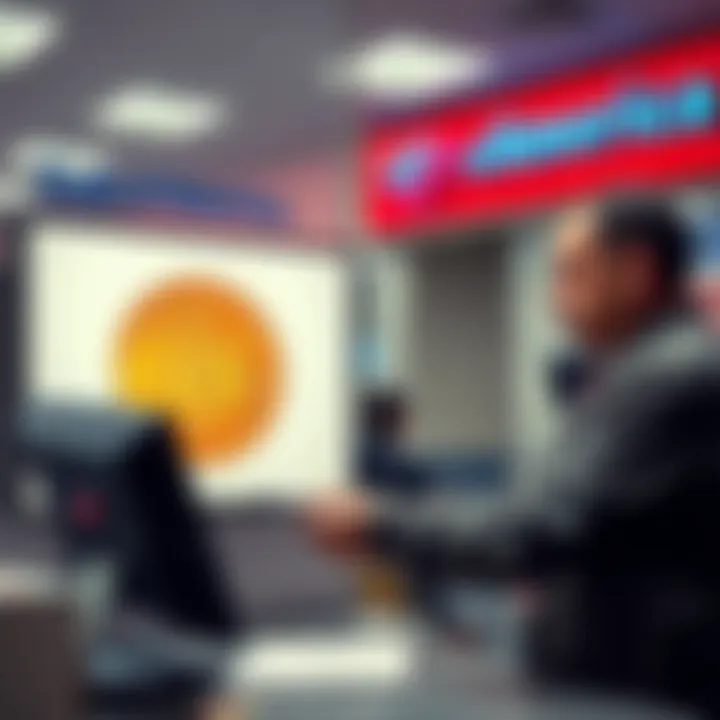 A bank employee assisting a customer with a Bitcoin transaction at a Bank of America branch, featuring a Bitcoin logo on a screen.