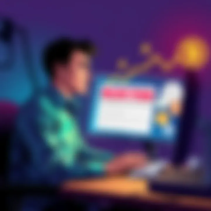 A frustrated person sitting at a computer with bank rejection notices and cryptocurrency logos on the screen.