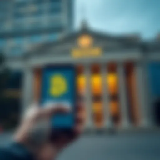 A person holding a smartphone displaying a Bitcoin symbol in front of a modern bank building
