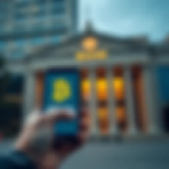 A person holding a smartphone displaying a Bitcoin symbol in front of a modern bank building