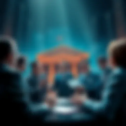 A group of bank representatives discussing the implications of Kraken receiving access to payment systems