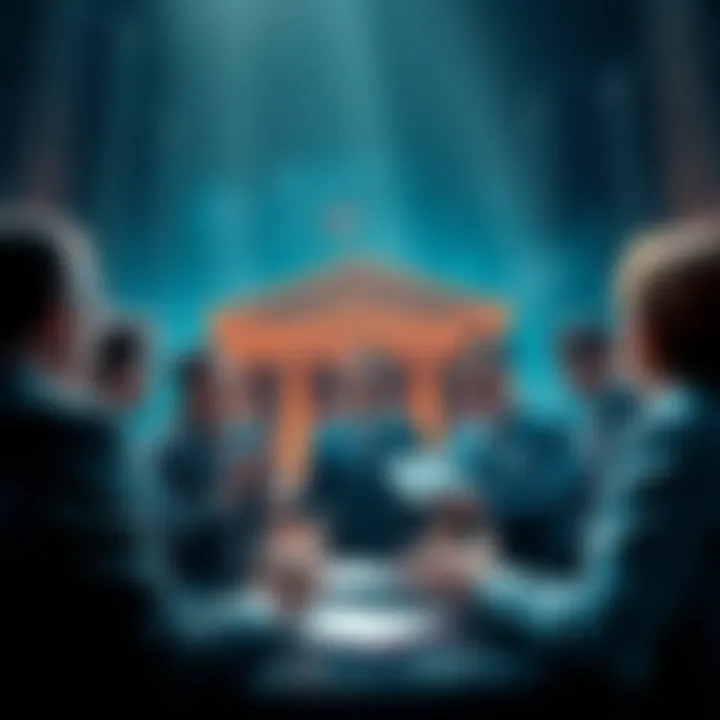 A group of bank representatives discussing the implications of Kraken receiving access to payment systems