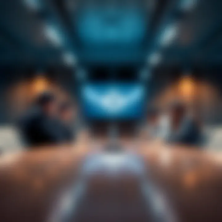 A group of bank executives discussing legal options related to new cryptocurrency regulations in a meeting room