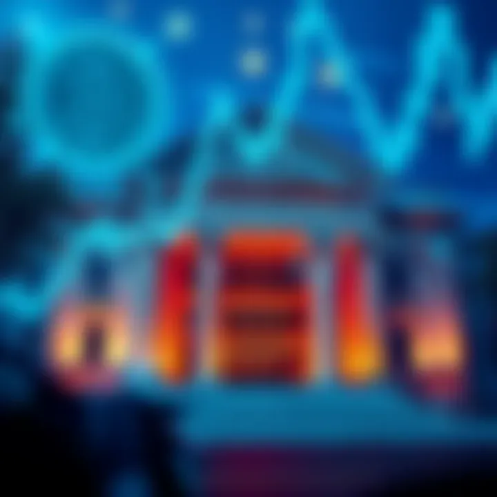 A bank building with digital currency symbols overlay, representing the clash between traditional finance and cryptocurrency services.