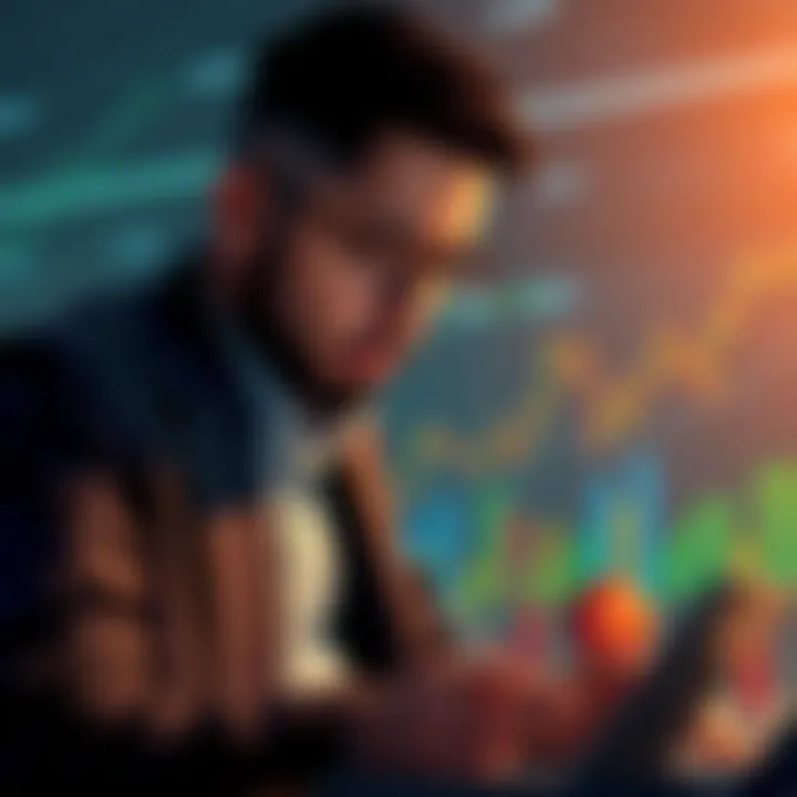A worried bank manager looking at digital currency charts, alongside stablecoins graphics.