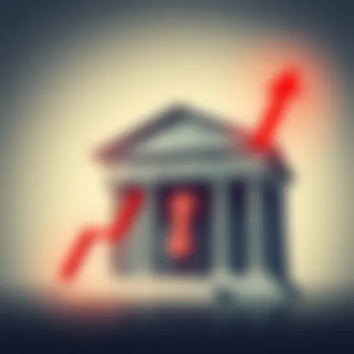 A graphic showing a bank building with a downward arrow indicating low interest rates and an upward arrow representing high inflation, symbolizing the disconnect between bank returns and rising costs.