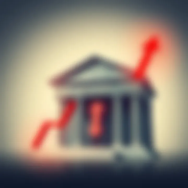 A graphic showing a bank building with a downward arrow indicating low interest rates and an upward arrow representing high inflation, symbolizing the disconnect between bank returns and rising costs.
