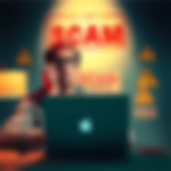 A person looking worried while using a laptop with scam alerts and warning signs around them.