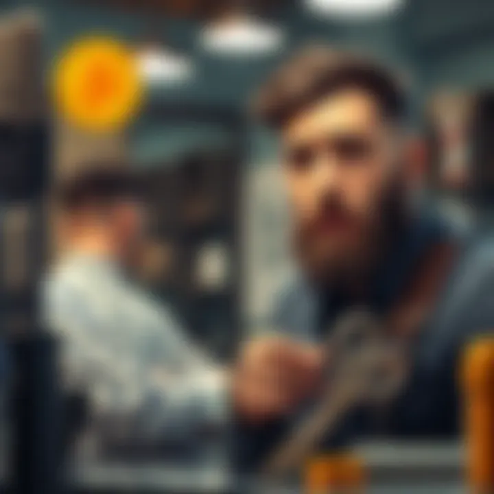 A barber at his shop discussing Bitcoin prices with a concerned expression, scissors and a Bitcoin logo visible nearby.