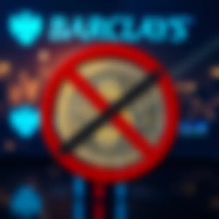 A visual representation of a blocked Bitcoin symbol with a Barclays logo in the background