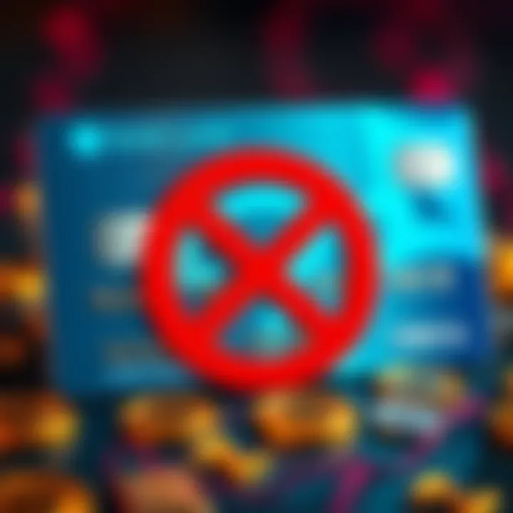 A visual representation of a credit card with a prohibition sign over cryptocurrency symbols, illustrating Barclays' ban on crypto transactions.