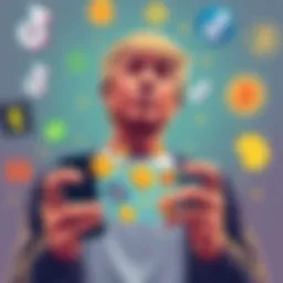 Illustration of a young man holding a smartphone showing cryptocurrency icons, with a backdrop of social media logos like TikTok, symbolizing online discussions about crypto investments.